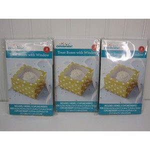 Celebrate Treat Boxes with Window & Cupcake Insert Gold White Polka Dots 3ct ea